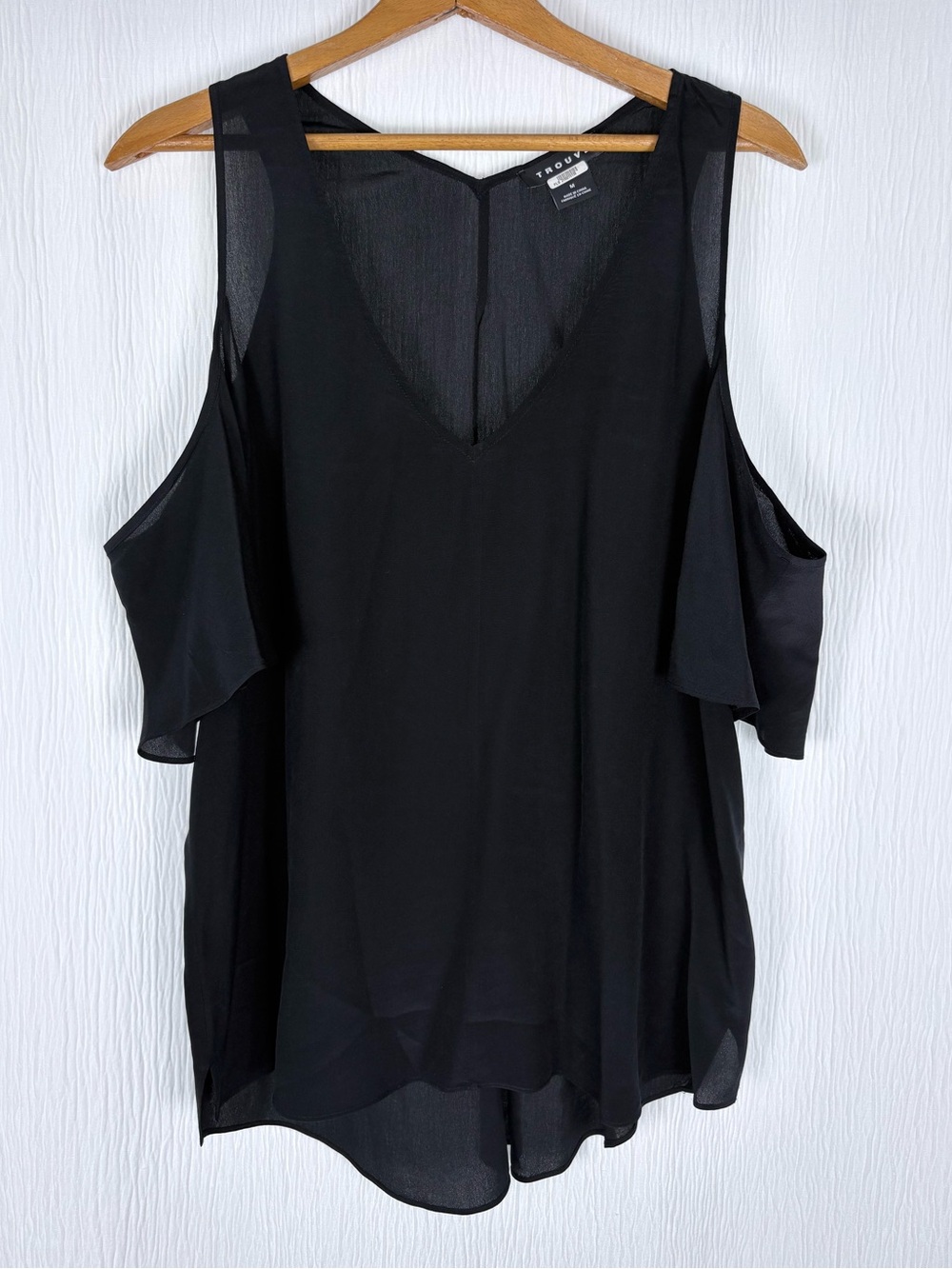 Trouve Silk Top, Cold-Shoulder V-Neck, Black, Size Medium